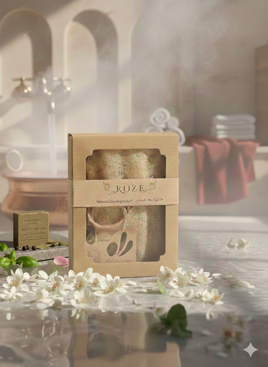 protect your skin from age mark.. Egyptian loofah Package with Olive Oil Soap